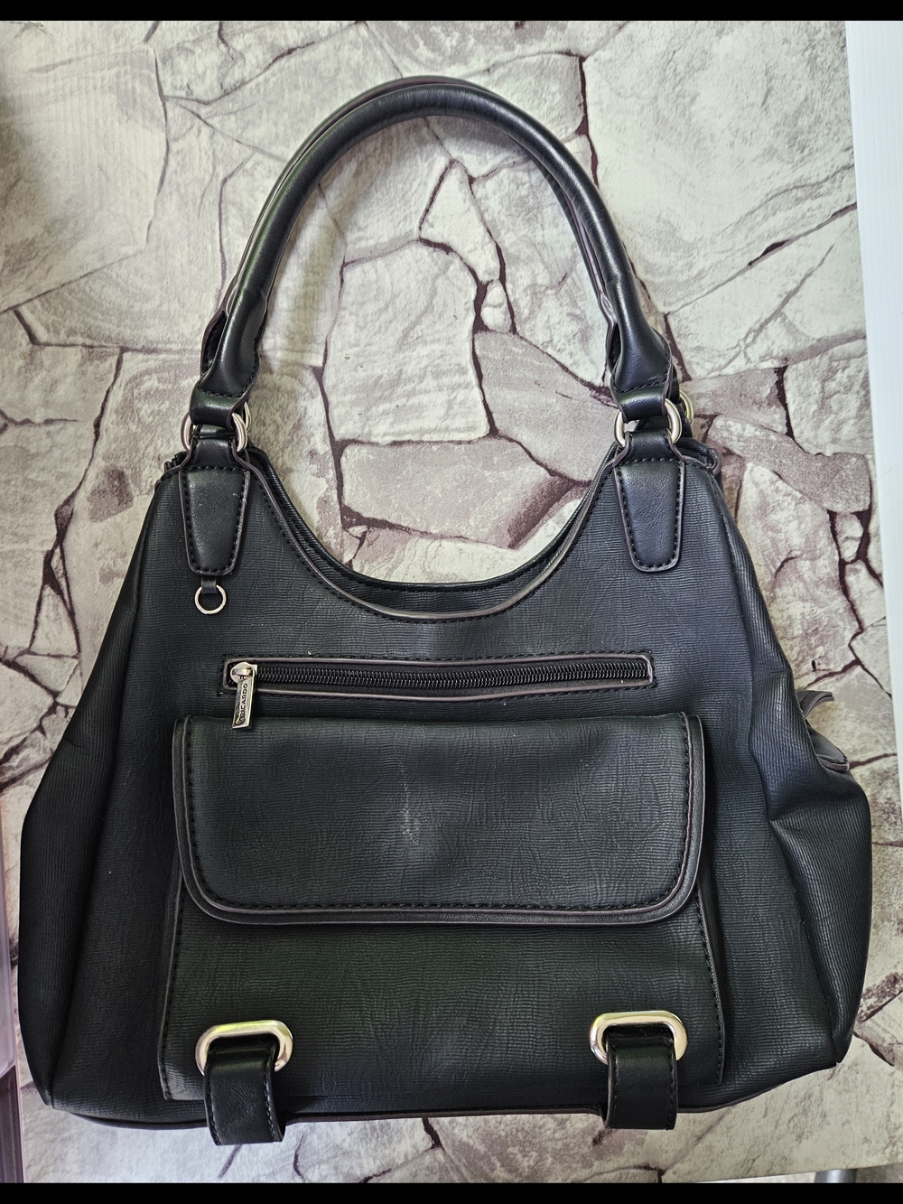 Classic Black Shoulder Tote with Front Zip and Snap Pocket - Picture 3 of 16